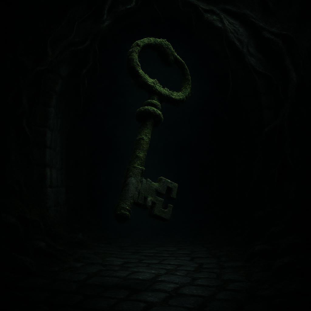 A large, moss-covered key in a dark cave.