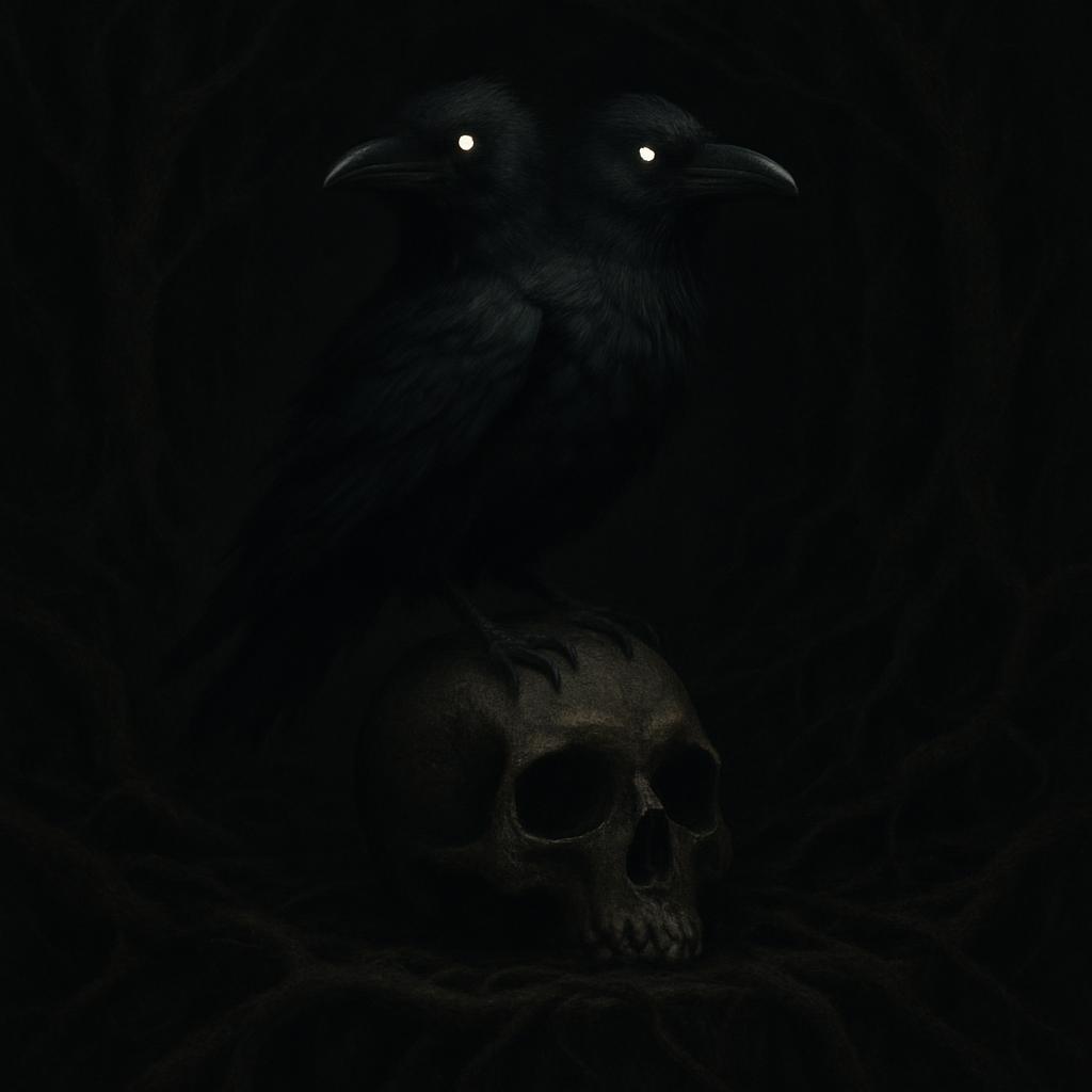 Dark mysterious crowd of a bird on a skull with black background.
