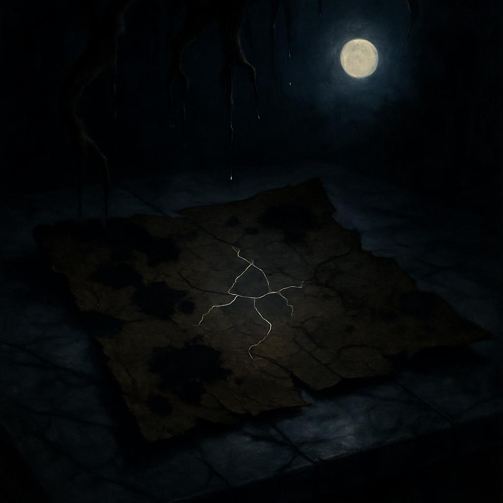 Dark, mysterious cave with a large rock and light from a full moon, with cracks in the rock and a tree silhouette parting ...