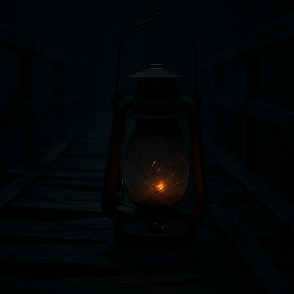 An illuminated lantern set against a dim, dark background, highlighting its glass structure and metal frame.