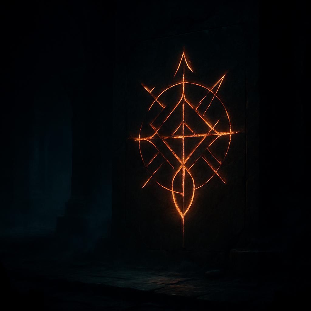 A metal emblem with lines that glow orange in the dark, reminiscent of medieval artifacts such as a mead horn or a battle ...